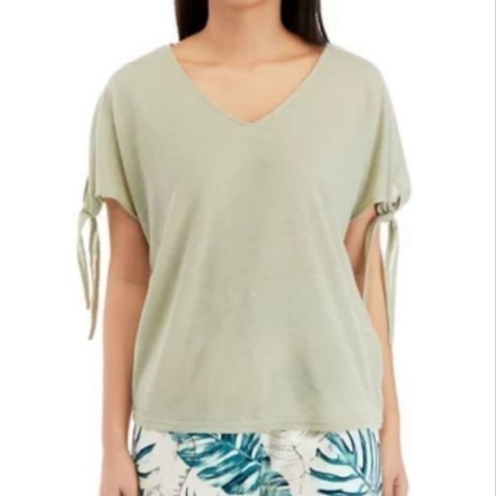 Sharagano Sage Green Linen Blend Short Tie Sleeves V Neck Blouse XL